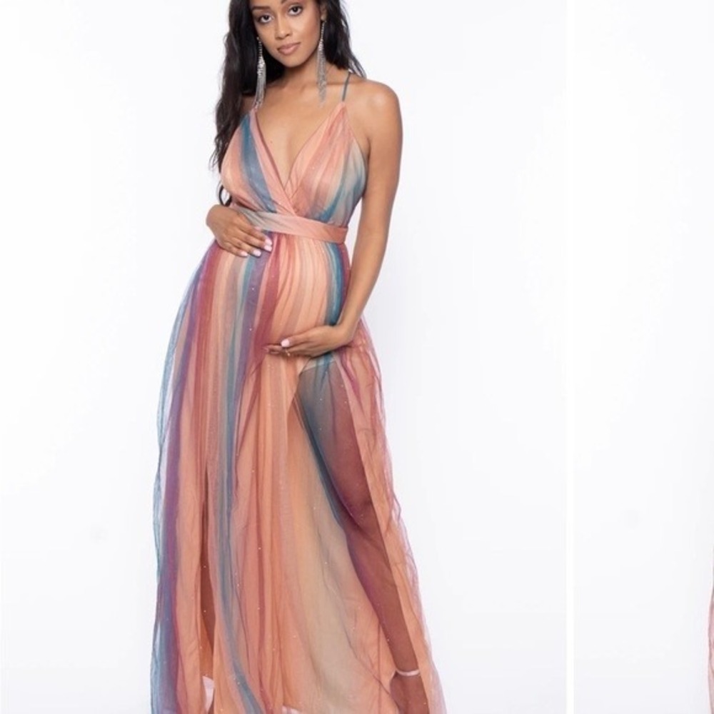 Maxi V-Neck Strappy Maternity Dress in Peach Multicolor